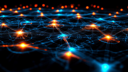Illuminated Neural Network Visualization in Blue and Orange on Black Digital Grid