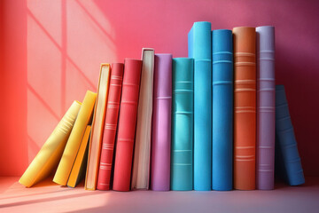 Row of books arranged neatly on a shelf.