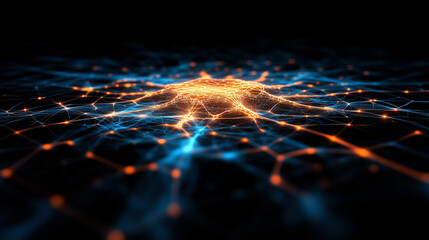 Glowing Blue and Orange Neural Network Diagram on Black Background with Digital Grid