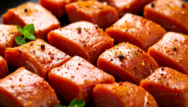 Raw marinated pork. Spicy marinade. Tasty food. Fresh meat pieces for BBQ. Culinary and culinary