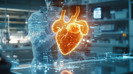 Glowing Holographic Heart and Health Data Overlay Above Person’s Chest in Medical Lab