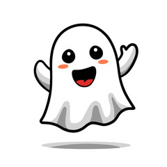 Cute cartoon ghost with big eyes and smile, waving hands, vector illustration

