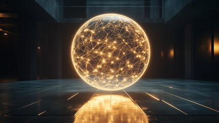 Glowing Digital Sphere with Network Nodes Floating in Dark Minimalist Studio