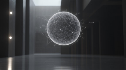 Glowing Digital Sphere with Connected Nodes in Dark Minimalist Studio