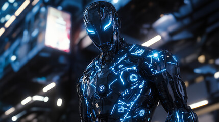 Futuristic Humanoid AI Robot with Glowing Blue Circuits in Sci-Fi City &mdash; Hyper-Realistic 8K Illustration