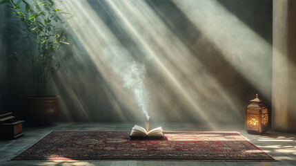 Peaceful Interior with Prayer Rug, Soft Sunlight, Incense Burning, and Open Quran &ndash; Islamic Mindfulness Concept