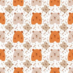 Seamless pattern with cute cartoon bears and autumn oak leaves on a transparent background for kids, nursery, fabric, and surface design