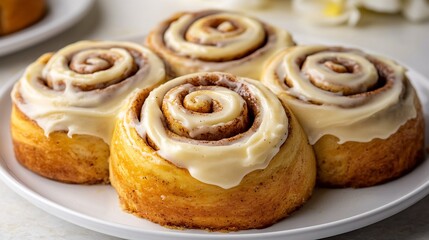 Cinnamon rolls with cream cheese icing spiral layers visible white plate overlay cut out on isolated transparent removed background