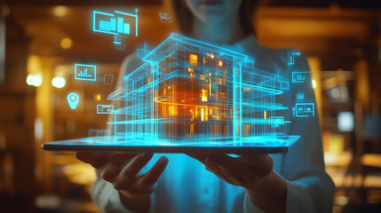 Person Holding Tablet Projecting Glowing 3D Building Model with Floating Digital Icons.