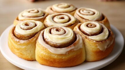 Cinnamon rolls with cream cheese icing spiral layers visible white plate overlay cut out on isolated transparent removed background