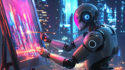 Ultra-Detailed Sci-Fi Robot Artist Painting Glowing Futuristic Cityscape with Neon Colors