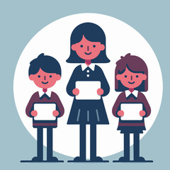 Teacher with students holding tablets in flat vector style, education concept, positive atmosphere