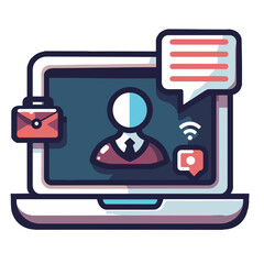 Online learning icon with laptop, student avatar, and chat bubbles in flat design, modern concept