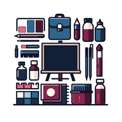 Art supplies and tools arranged in creative layout on transparent background, modern graphic design