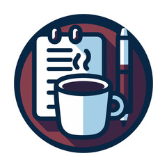 Coffee cup, notepad, and pen icon in a circular design, modern flat style