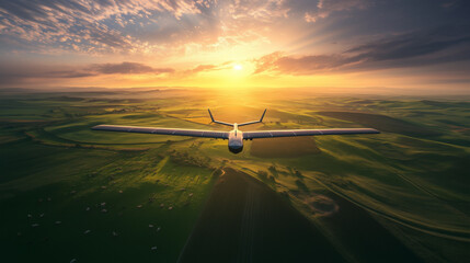 Solar-Powered Drone Hovering Over Green Field with Glowing Sky Background.
