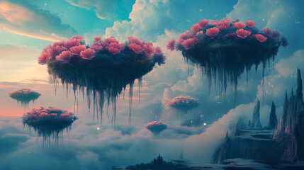 Surreal Dreamscape with Floating Islands and Giant Bioluminescent Flowers in Soft Pastel Colors