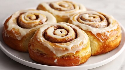 Cinnamon rolls with cream cheese icing spiral layers visible white plate overlay cut out on isolated transparent removed background