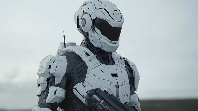 A futuristic mech suit designed for combat, with powerful weapons and advanced AI systems