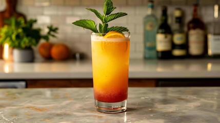 Clear cocktail glass with layered orange sunset drink and mint garnish white bar counter overlay cut out on isolated transparent removed background