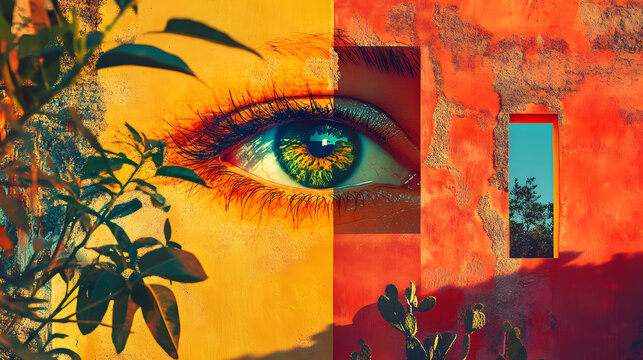 surreal collage featuring a vivid green eye embedded in a textured yellow and red wall