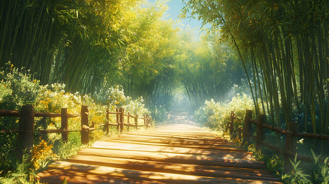 sunlit wooden path winds through a lush bamboo forest