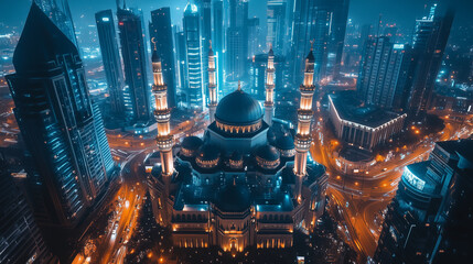 An aerial view of a futuristic cyberpunk city at night.