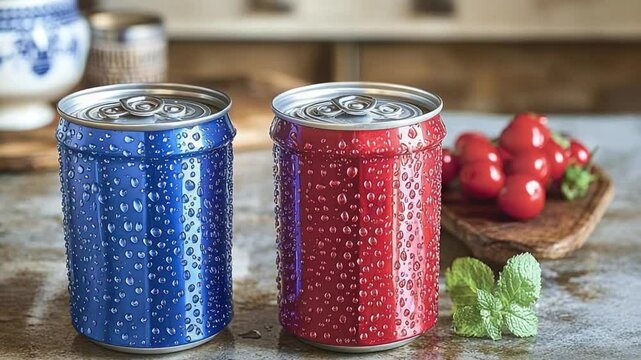 Two chilled beverage cans, one blue and one red, sit on a countertop