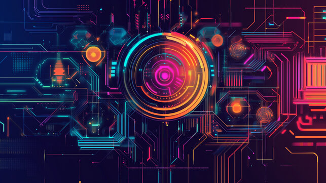 Neon Abstract Visualization of Machine Learning with Geometric Networks and Futuristic Data Flow