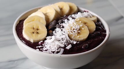 Colorful acai bowl with banana slices and coconut flakes vibrant superfood breakfast white backdrop overlay cut out on isolated transparent removed background