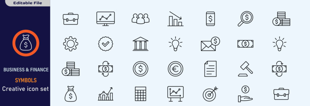 Credit, Loans and Mortgages web icons in outline style. Credit card, deposit, car leasing, rate interest, calculator, income, rating, collection. Editable stroke outline icon