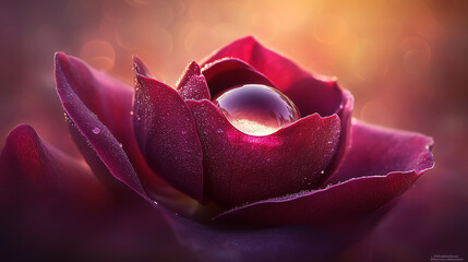 Extreme Macro Photograph of a Single Dewdrop on a Velvety Red Rose Petal with Morning Sun Reflection.