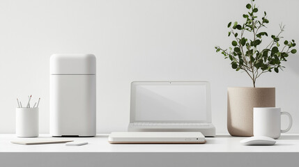 Flat-Lay View of Realistic Modern Home Office Items on White Background with Natural Soft Shadows