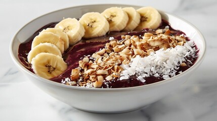 Colorful acai bowl with banana slices and coconut flakes vibrant superfood breakfast white backdrop overlay cut out on isolated transparent removed background