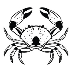 Black and white line art depicts a symmetrical crab with prominent claws facing upward