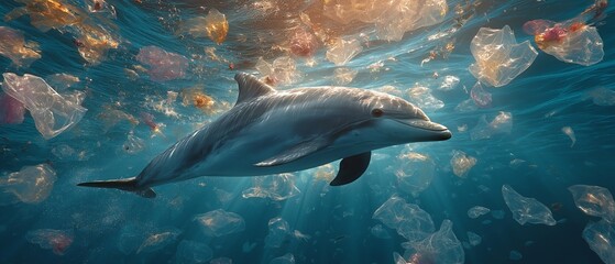 The graceful dance of a dolphin is a stark and tragic contrast to the plastic-filled water it calls home, highlighting the destruction plastic pollution causes in marine ecosystems.