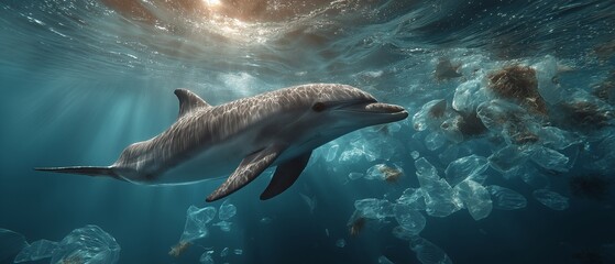 The graceful dance of a dolphin is a stark and tragic contrast to the plastic-filled water it calls home, highlighting the destruction plastic pollution causes in marine ecosystems.