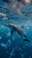 The graceful dance of a dolphin is a stark and tragic contrast to the plastic-filled water it calls home, highlighting the destruction plastic pollution causes in marine ecosystems.