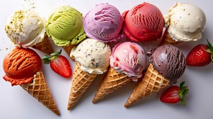 Colorful gelato scoops in waffle cone pistachio strawberry vanilla Italian ice cream white backdrop overlay cut out on isolated transparent removed background