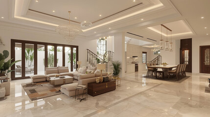 Modern living room with white walls and ceiling, beige marble floor tiles, colorful furniture, sofa, coffee table, chairs, carpet, chandelier, kitchen door, large window with outside view.