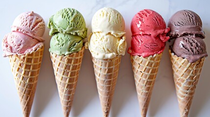 Colorful gelato scoops in waffle cone pistachio strawberry vanilla Italian ice cream white backdrop overlay cut out on isolated transparent removed background