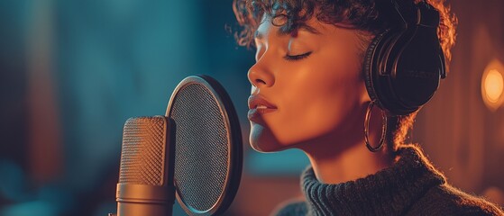 A singer uses a professional microphone within a soundproofed, high-tech studio to lay down crystal-clear vocal tracks