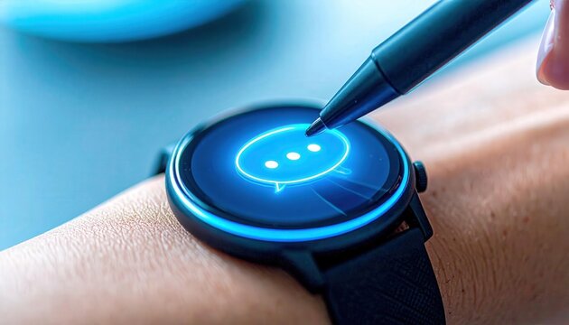Futuristic Smartwatch Displaying Chatbot Interaction with Stylus
