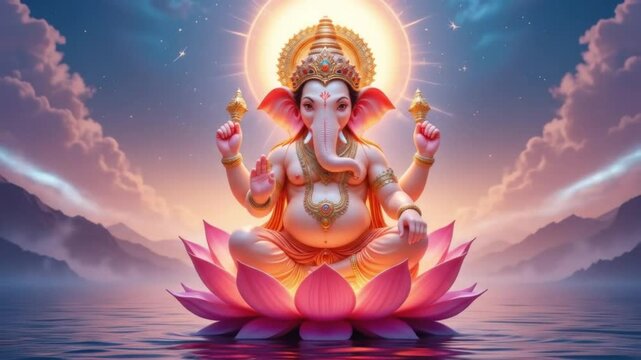 Lord Ganesha, serene deity of wisdom, sits majestically on a lotus flower amidst tranquil waters and majestic mountains under a radiant celestial glow.