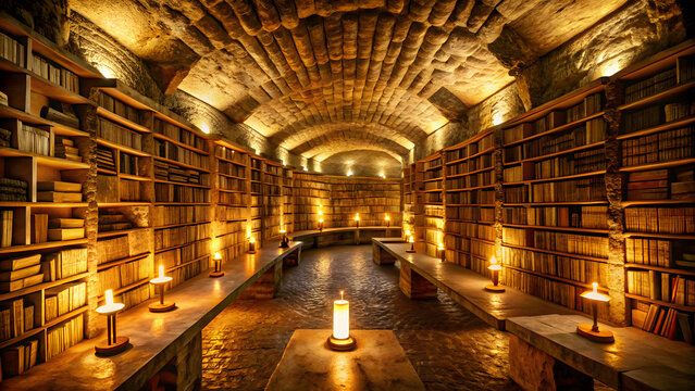 Mysterious medieval library interior illuminated by candlelight with stone walls and bookcases - Powered by Adobe