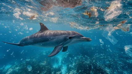 The graceful dance of a dolphin is a stark and tragic contrast to the plastic-filled water it calls home, highlighting the destruction plastic pollution causes in marine ecosystems.