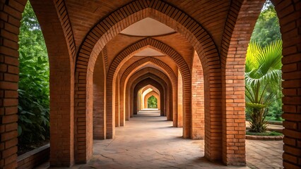 Obraz premium A pathway framed by elegant brick arches bathed in natural sunlight leading toward a verdant green vista and tropical foliage