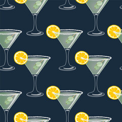 Classic hand drawn vector cocktail with lemon and olive garnish and salt on the glass rim, seamless pattern