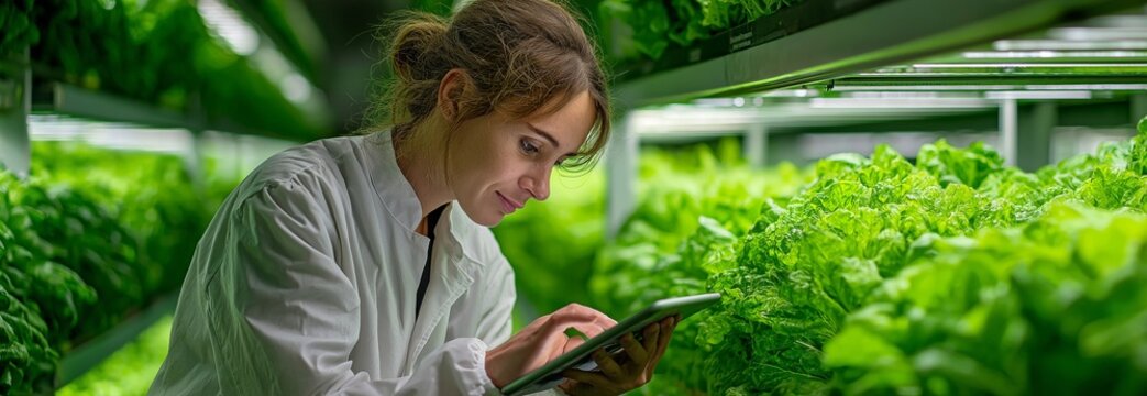Deeply focused on her tablet, a woman manages the cultivation of thriving plants in a modern vertical farm, embodying the fusion of agriculture and technology.