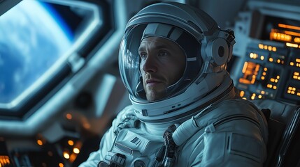 Male astronaut in helmet inside spacecraft cabin with control panels and light reflections
Concept of human space exploration and science